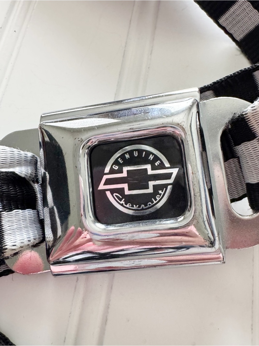 Chevy Seatbelt Belt - Checker Black/White Webbing - Picture 2 of 5